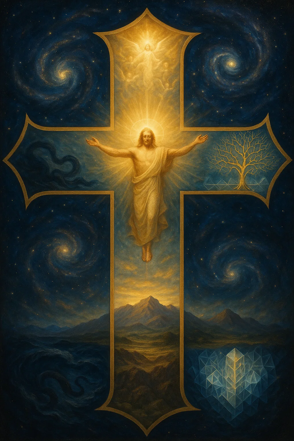 A golden cross against a starlit cosmos, with Christ, the tree of life and mountains below